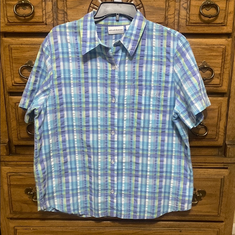Alfred Dunner Plaid S/S Shirt Light Blue/Lavender/Light Green Women’s Size 16